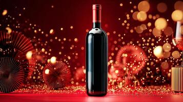 A bottle of wine and a glass on a red background photo