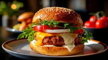 A hamburger with cheese, tomatoes and lettuce photo