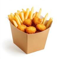 Frozen snack box, fries, nuggets, isolated with white background photo