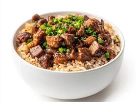 Filipino adobo rice bowl isolated with white background photo