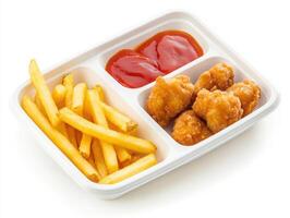 Frozen snack tray, fries, sauce, isolated with white background photo