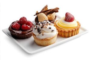 Trio, tart, mousse, biscuit, isolated with white background photo