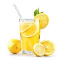 Cold juice cup, straw, lemon, isolated with white background photo