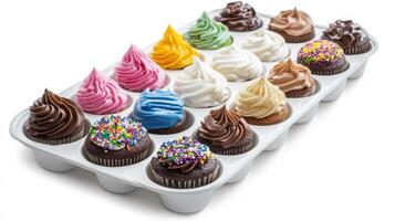 Cupcake tray, toppings, icing,isolated with white background photo