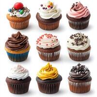 Fancy cupcake set, icing, sugar, isolated with white background photo