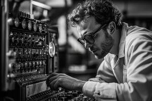 Man in a lab coat is working on a piece of equipment photo
