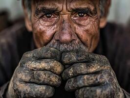 Man with a dirty face and hands is looking at the camera photo