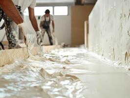 Man is applying a white substance to a wall photo