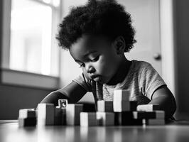 Young child is sitting at a table playing with blocks photo