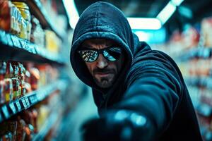 Man in a hoodie is reaching for a jar of food in a store photo