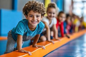 Group of children are lined up on a mat photo