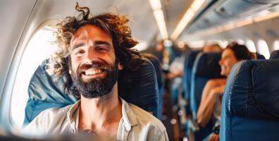 Man with a beard and curly hair is smiling and sitting in an airplane photo