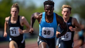 Man in a blue tank top with the number 30 on it runs on a track photo