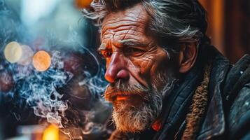 Man smokes a cigarette while looking at the camera photo