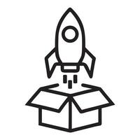 A rocket emerging from an open box, Rocket launching from a box symbolizing innovation and growth vector