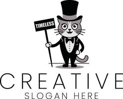 Elegant Cat in Tuxedo Holds Timeless Sign Logo Design icon grey cute flat retro brand vector