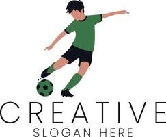 Dynamic Soccer Player Green Jersey Action Logo Design Kid Boy Ball Team Game Flat Icon vector