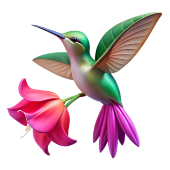 picturesque memorable A tiny hummingbird hovering over a vibrant fuchsia flower, close up shot with bokeh background, in the style of a nature documentary png