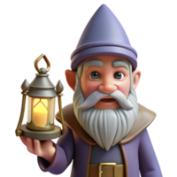 exquisite notable Portrait of a grumpy gnome with a long beard, pointed hat, and holding a small lantern. Warm, firelight. Fantasy art style png
