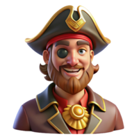 joyful sumptuous Portrait of a charismatic pirate captain with an eye patch, a tricorne hat, and a mischievous grin. Warm, golden lighting. Digital painting style premium png