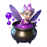 immaculate creative A mischievous pixie with iridescent wings hovering over a bubbling cauldron filled with glowing purple liquid, dark and mysterious lighting, digital painting style crisp png