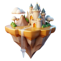 elegant geometric Floating island with castle, waterfalls cascading down, soft golden light, fantasy, romantic style original png