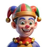 dynamic beautiful Portrait of a mischievous jester with colorful makeup and a bells adorned hat, bright stage lighting, cartoon style luxury png
