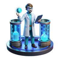 beautiful quintessential A scientist working in a futuristic laboratory, surrounded by holographic displays, cool blue lighting, clean and minimalist, art style png