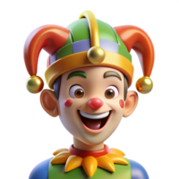 iconic vintage Portrait of a mischievous jester with colorful makeup and a bells adorned hat, bright stage lighting, cartoon style sharp png
