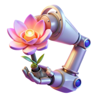nostalgic beautiful A robotic arm holding a delicate flower, illuminated by a soft, ethereal light. Surreal style, contrasting elements masterfully captured png