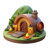 magnificent mysterious coastal A cozy hobbit hole built into a hillside, warm firelight, idyllic setting, whimsical style, intricate details, high resolution png