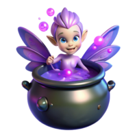 beautiful nordic A mischievous pixie with iridescent wings hovering over a bubbling cauldron filled with glowing purple liquid, dark and mysterious lighting, digital painting style authentic png