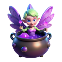 beautiful unparalleled A mischievous pixie with iridescent wings hovering over a bubbling cauldron filled with glowing purple liquid, dark and mysterious lighting, digital painting style png