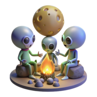 vibrant industrial A group of aliens gathered around a campfire, telling stories under the light of a strange alien moon. Fantasy art style, warm and inviting ultra HD png