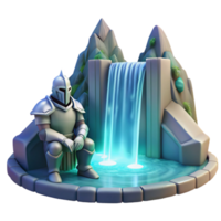 immaculate harmonious abstract A lone knight in shining armor kneeling before a mystical waterfall cascading into a crystal clear pool, soft diffused lighting, in a painterly style high resolution png