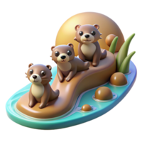 passionate serene A family of playful otters sliding down a muddy riverbank, sun drenched scene with shallow depth of field, illustrated in a whimsical style handcrafted png