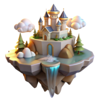 extraordinary baroque Floating island with castle, waterfalls cascading down, soft golden light, fantasy, romantic style high quality png