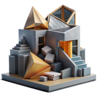 pristine acclaimed Deconstructivist architecture, fragmented forms, sharp angles, contrasting materials, dramatic lighting, png