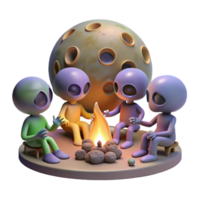 distinguished minimalist A group of aliens gathered around a campfire, telling stories under the light of a strange alien moon. Fantasy art style, warm and inviting handcrafted png