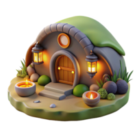 gorgeous reflective artistic A cozy hobbit hole built into a hillside, warm firelight, idyllic setting, whimsical style, intricate details, genuine png