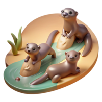 distinguished gothic A family of playful otters sliding down a muddy riverbank, sun drenched scene with shallow depth of field, illustrated in a whimsical style original png