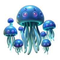 dazzling futuristic A school of bioluminescent jellyfish floating in the deep ocean, dark background with glowing creatures, in a surreal style perfect clarity png