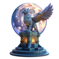 glorious distinctive A majestic griffin perched atop a crumbling obsidian tower, illuminated by the ethereal glow of a full moon, painted in a hyperrealistic style png