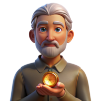 mysterious alluring Portrait of an elderly man with weathered hands holding a compass, his face illuminated by the warm glow of a setting sun, realistic style detailed png