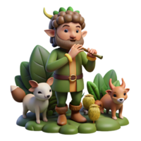 magnificent retro A mischievous Pan, god of the wild, playing his pipes, surrounded by woodland creatures. Romantic style elite png
