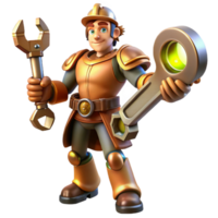 dazzling memorable A powerful steampunk automaton, wielding a giant wrench, dynamic, spotlight lighting, comic book style png