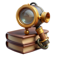 picturesque organic A steampunk monocle with a brass frame and a magnifying glass, resting on a stack of books, soft, diffused lighting, realistic style ultra HD png