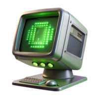 dramatic renaissance A vintage computer monitor displaying cascading green text, dust motes illuminated by its glow, dimly lit room, retrofuturism style detailed png