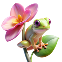 energetic elegant A tiny tree frog clinging to a delicate orchid, vibrant colors, macro photography style, soft, diffused lighting studio quality png