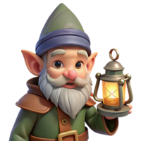 nostalgic spectacular Portrait of a grumpy gnome with a long beard, pointed hat, and holding a small lantern. Warm, firelight. Fantasy art style authentic png